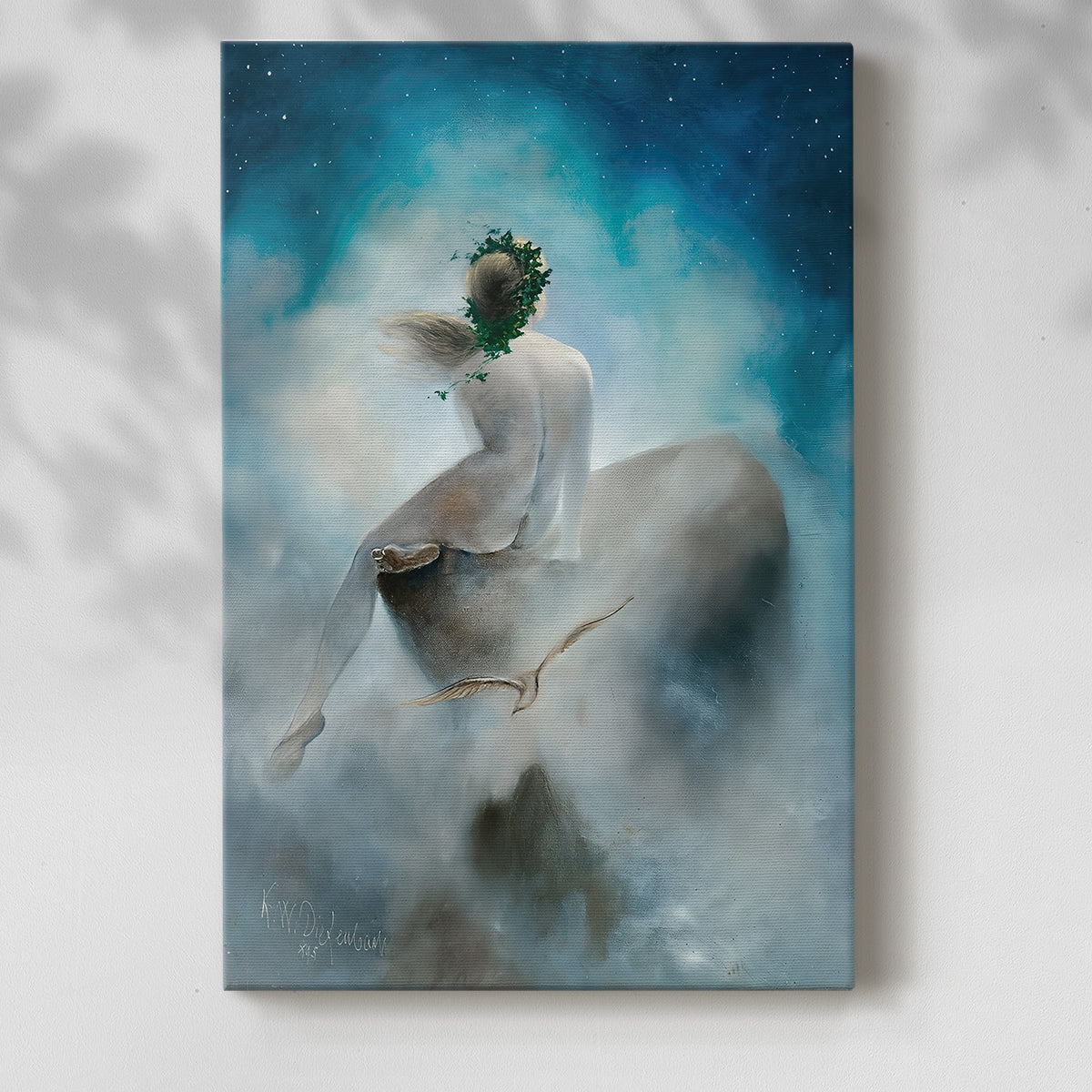 Canvas art print of a spiritual composition with soft light and flowing forms with a soft shadow on a white background.
