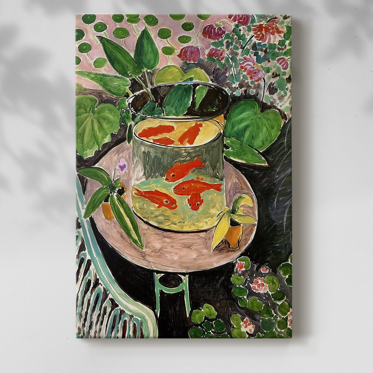 Canvas art print of a bright composition with fish and decorative surroundings with a soft shadow on a white background.