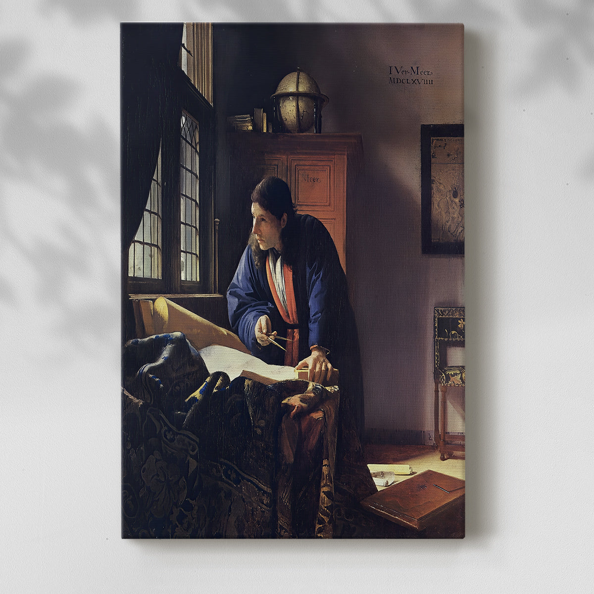 Canvas art print of a scholarly figure with objects and soft illumination with a soft shadow on a white background.