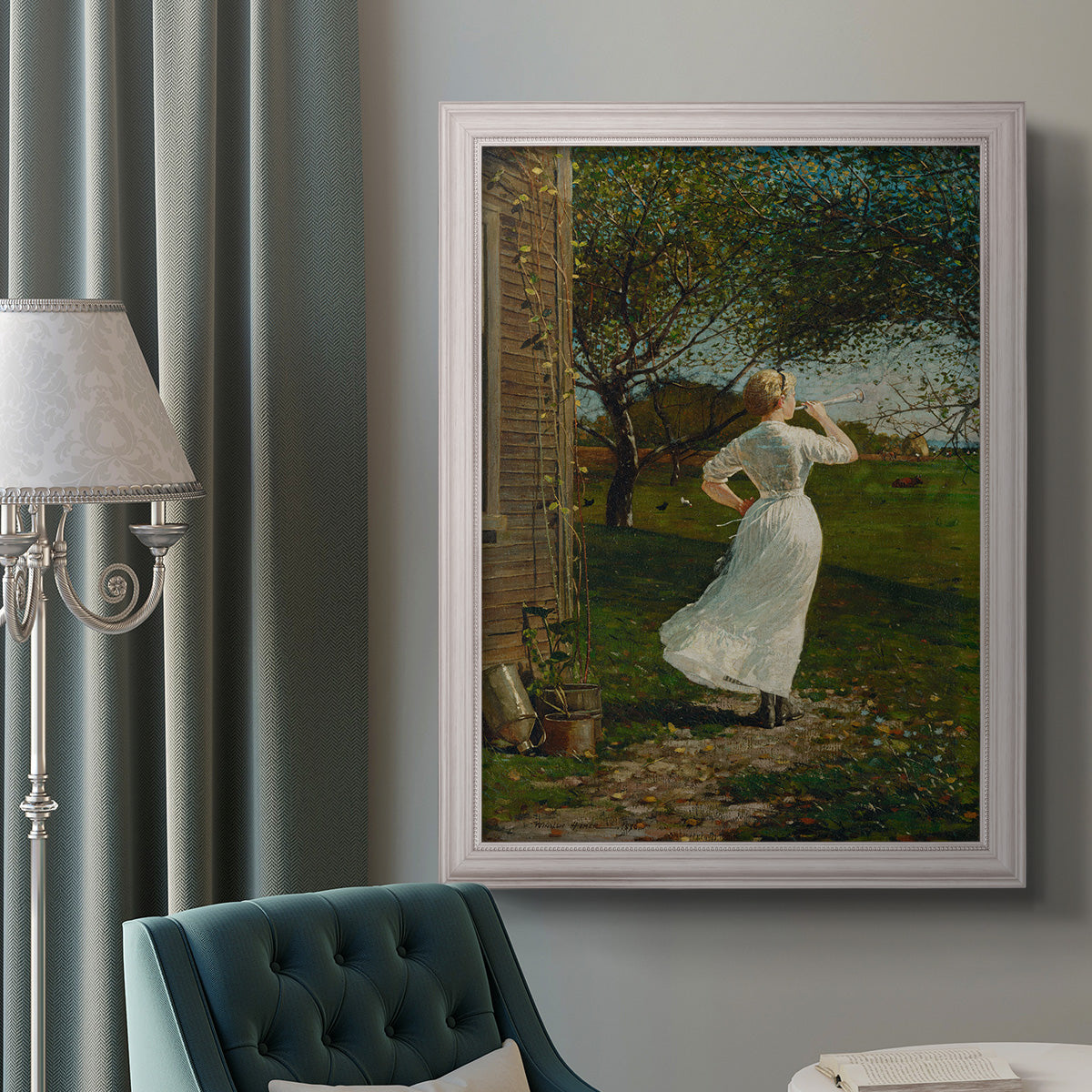 Narrative religious genre scene by Winslow Homer in an ornate weathered white frame displayed in a neutral interior setting.