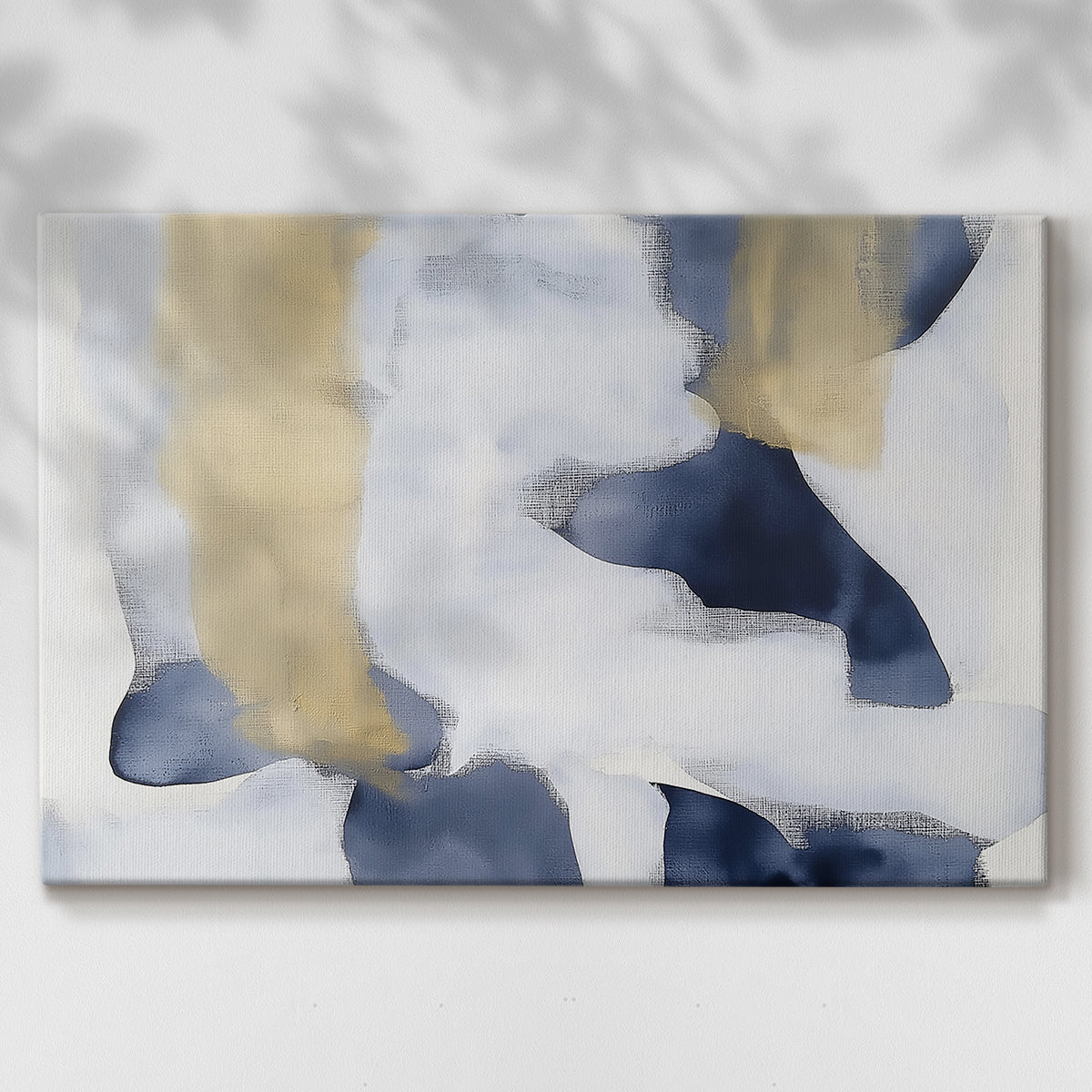 Abstract art featuring blue and gold shapes on a light background in a modern design