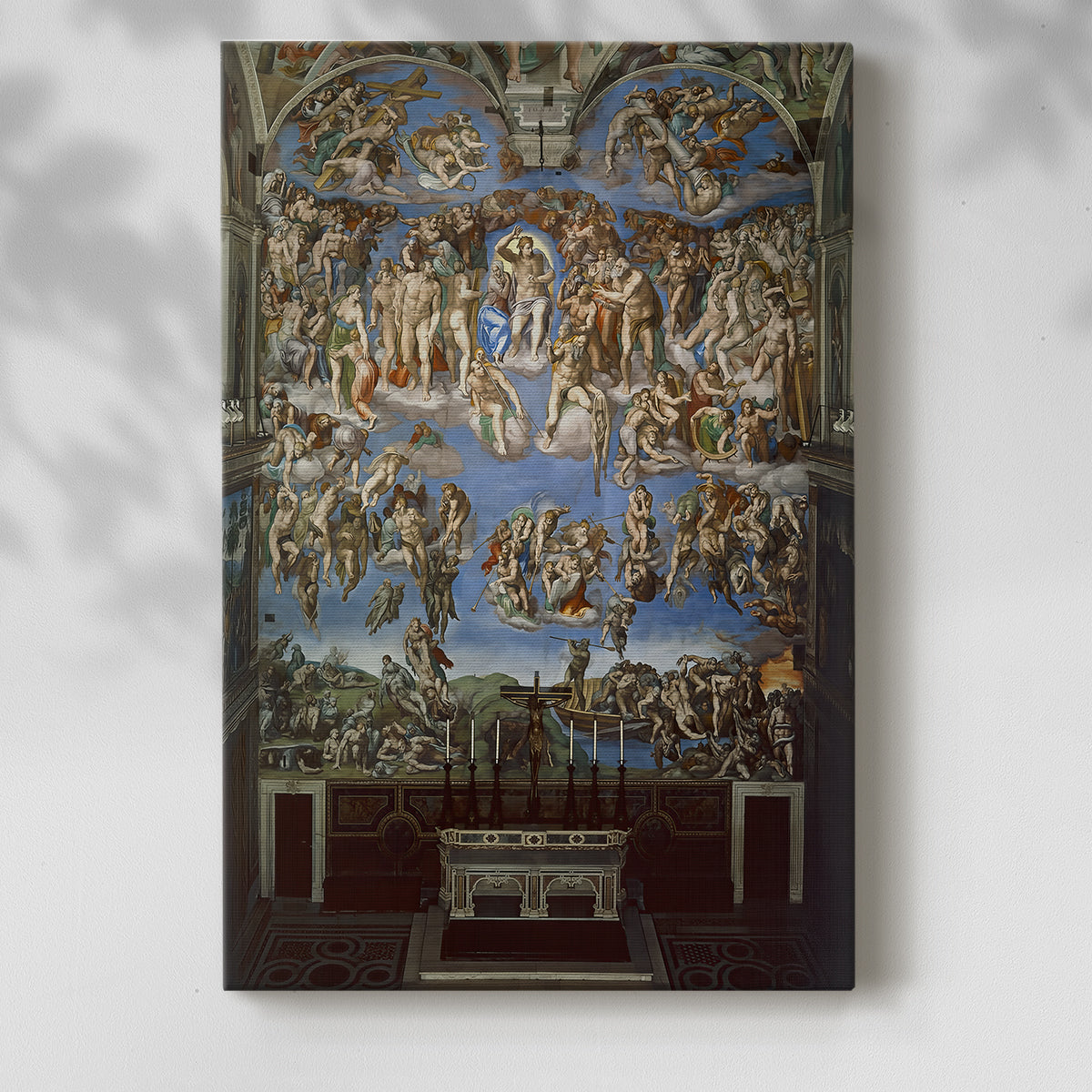 Canvas art print of a large-scale scene with layered figures and strong movement with a soft shadow on a white background.