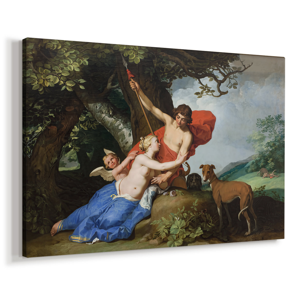 Canvas art print featuring a classical mythological scene of Venus and Adonis in a wooded landscape with cherubs, displayed at an angle