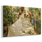 Canvas art print featuring a coastal labor scene with people handling fabric near shore, displayed at an angle