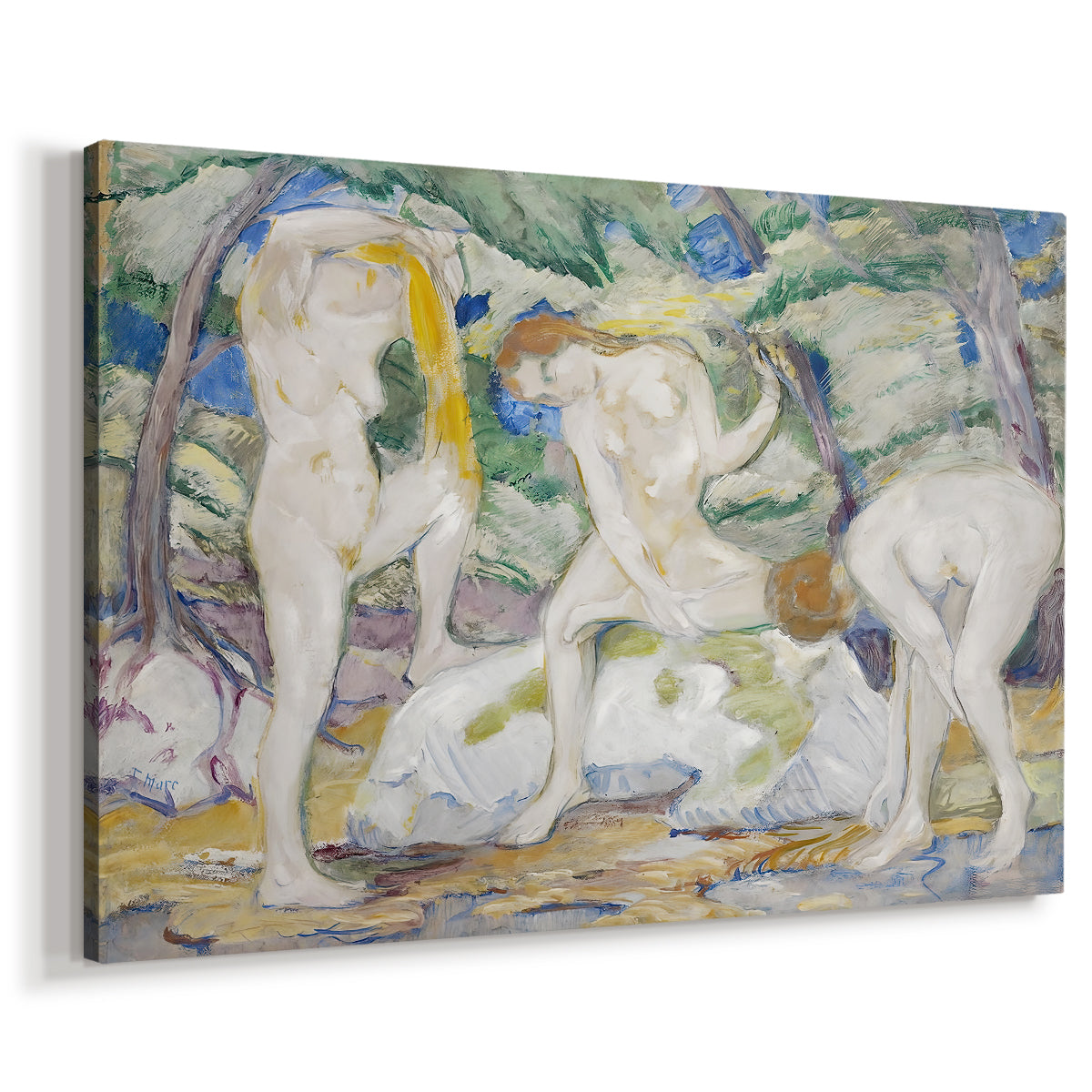 Canvas art print featuring an expressionist scene of female forms blending into natural surroundings, displayed at an angle