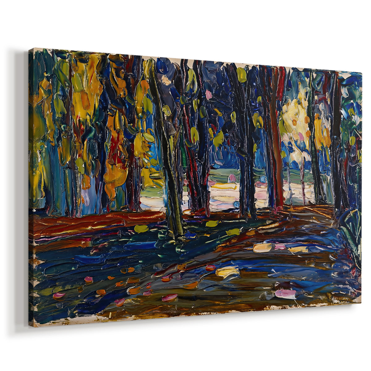 Canvas art print featuring an expressive scene emphasizing seasonal color and vertical forms, displayed at an angle