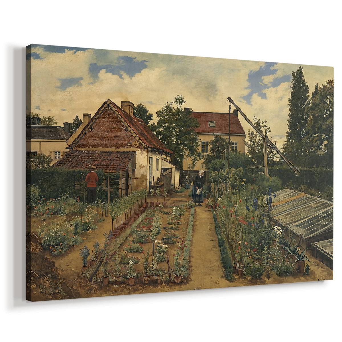 Canvas art print featuring a lush garden scene with cultivated flowers and pathways, displayed at an angle