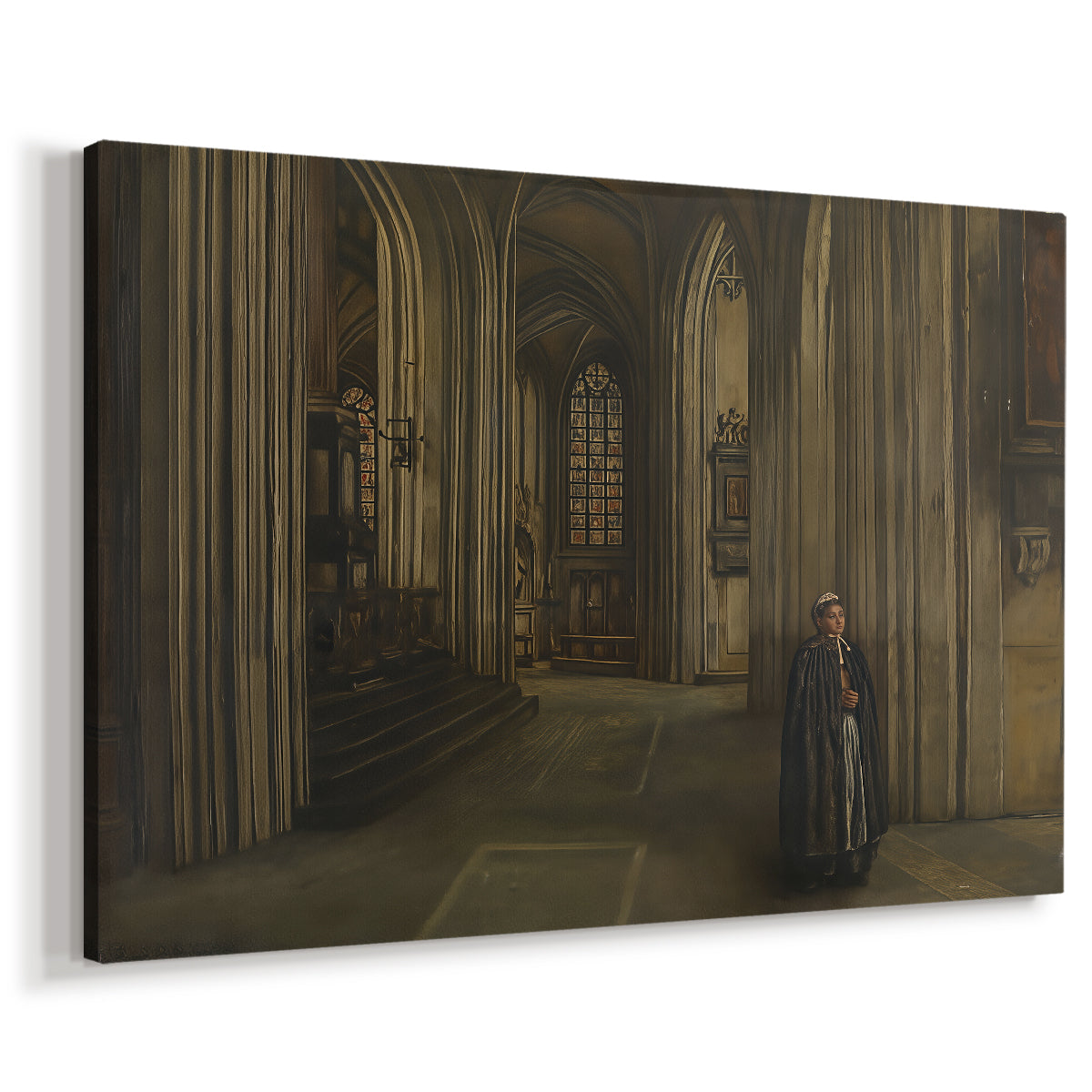 Canvas art print featuring an architectural space with tall ceilings and empty interior, displayed at an angle