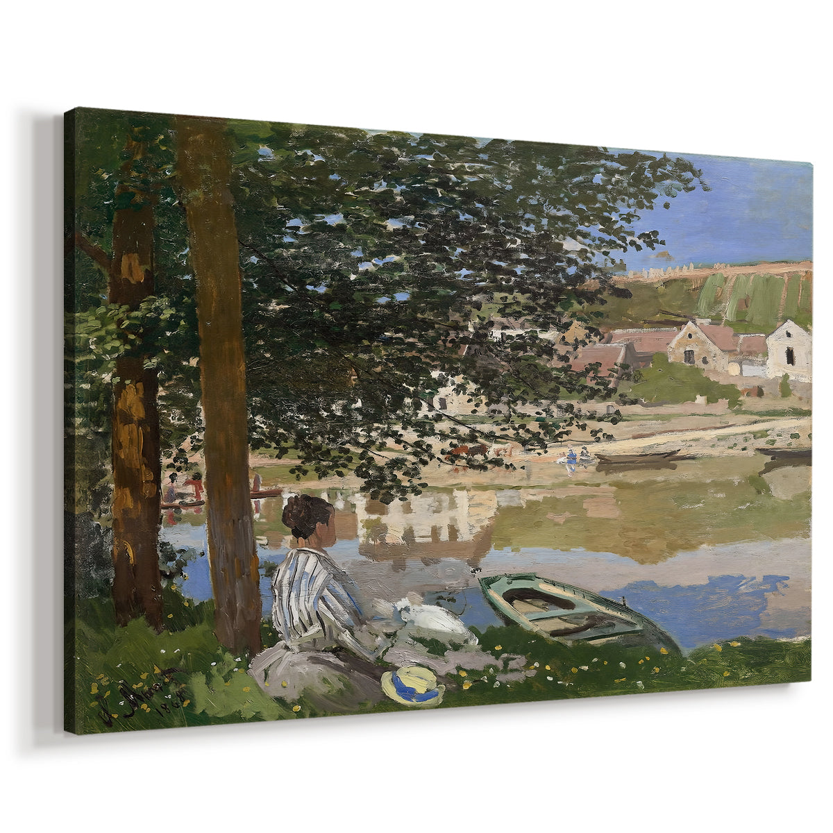 Canvas art print featuring a peaceful riverside scene with figures resting in grassy area by water, displayed at an angle