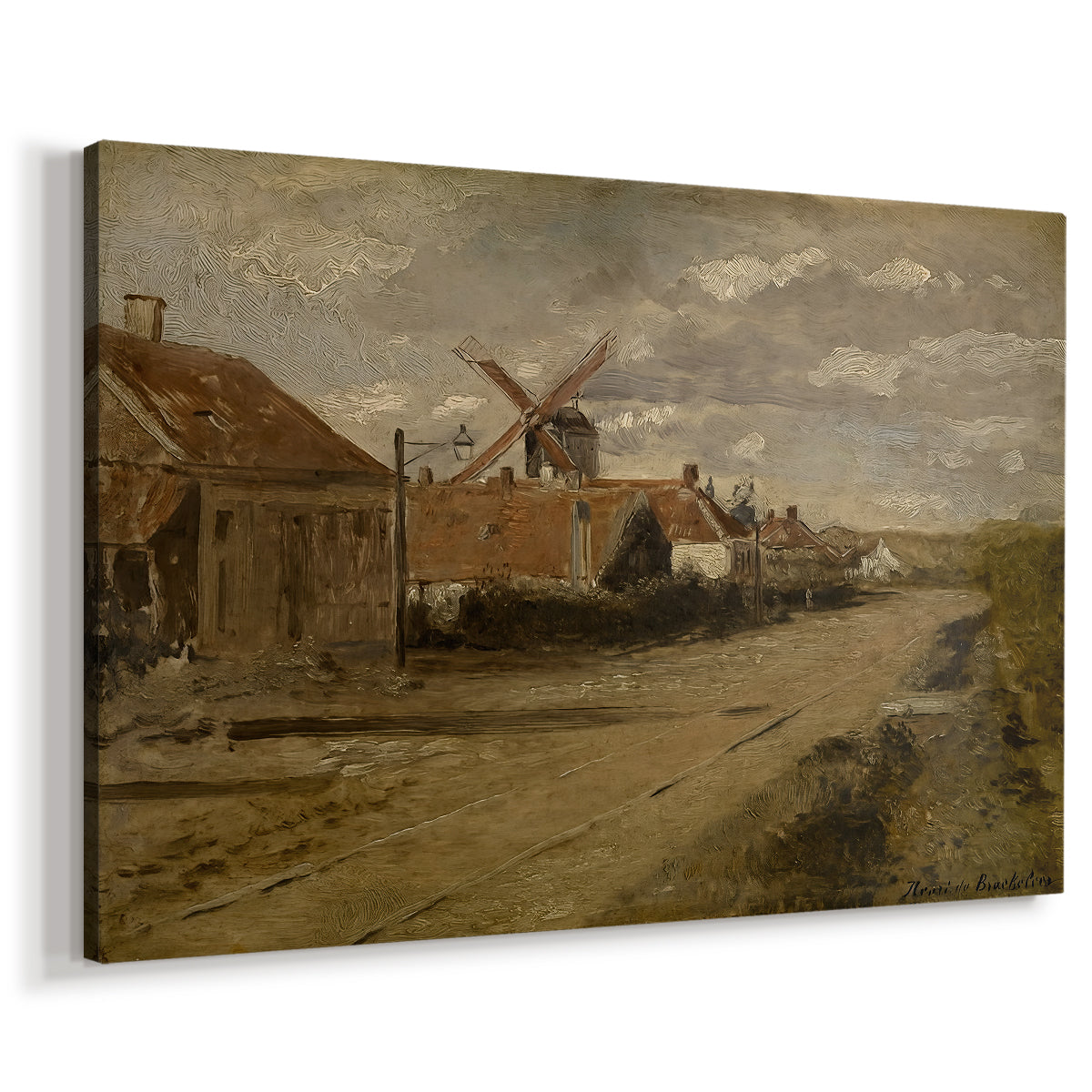 Canvas art print featuring a rustic scene with mill structure and surrounding terrain, displayed at an angle