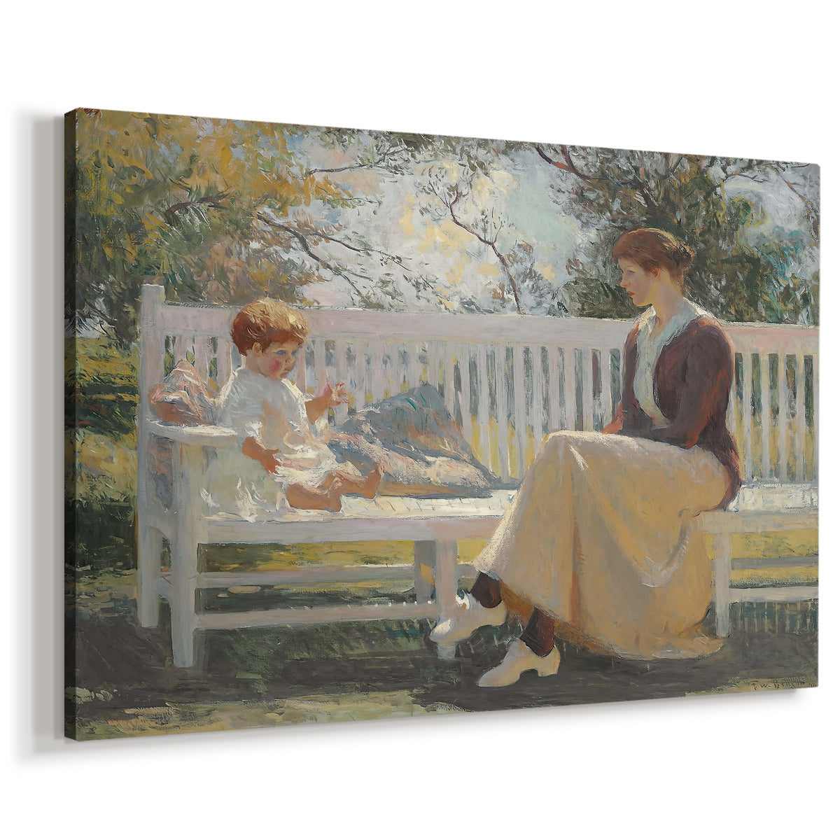 Canvas art print featuring an impressionist family scene in garden, displayed at an angle