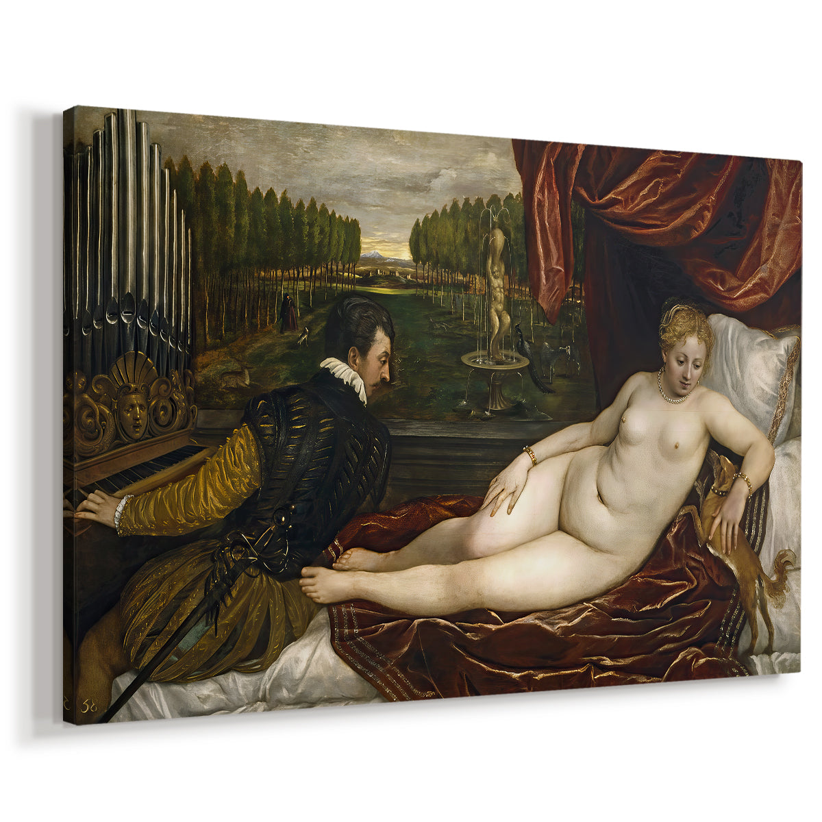Canvas art print featuring a Renaissance interior scene with Venus, musician, and resting dog, displayed at an angle