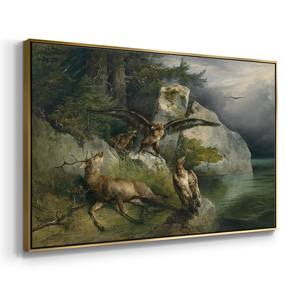 Eagles and Dying Stag on a Lakeshore, 1836 - Floater Framed Canvas Print