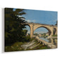 Canvas art print featuring an architectural landscape with bridge crossing calm river, displayed at an angle