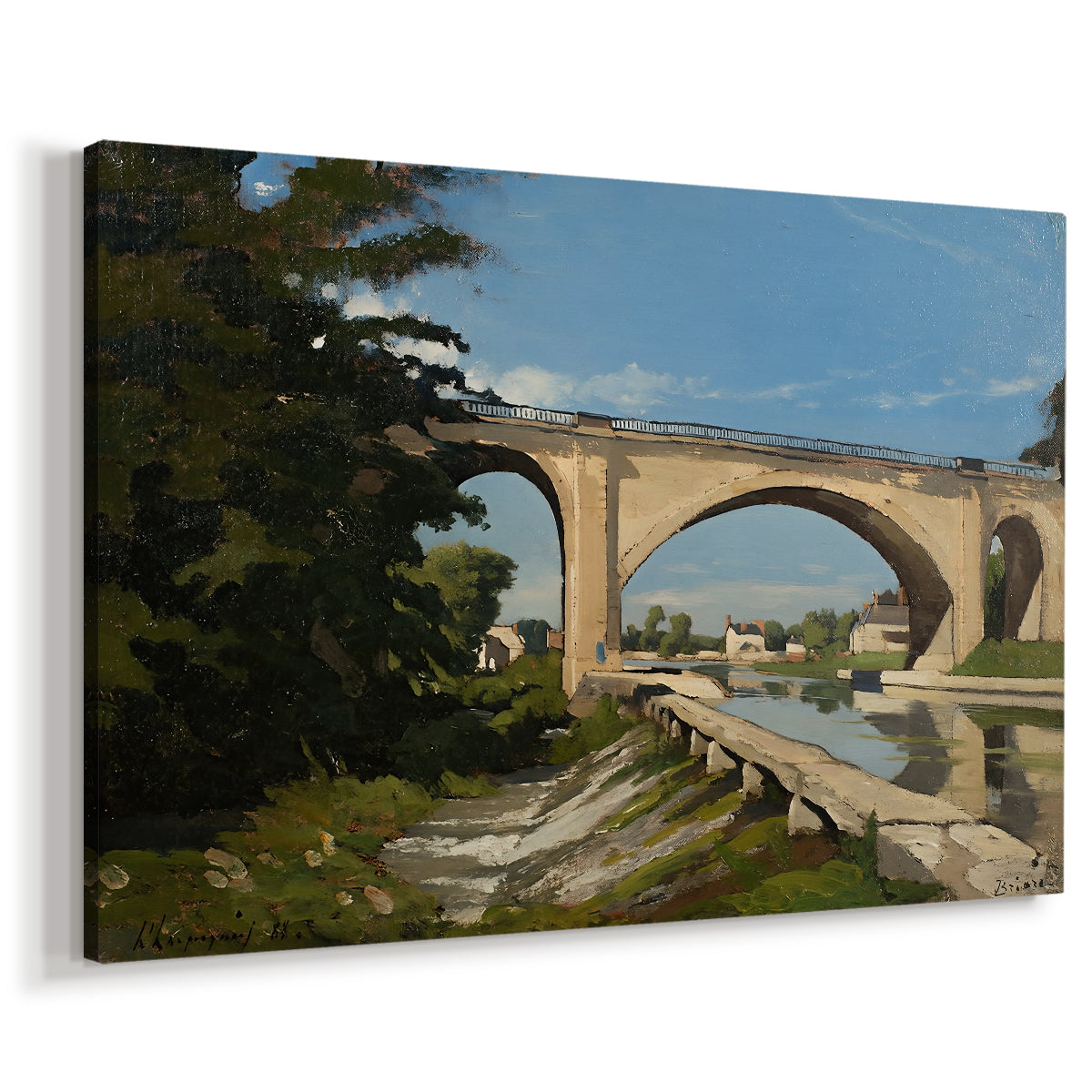 Canvas art print featuring an architectural landscape with bridge crossing calm river, displayed at an angle