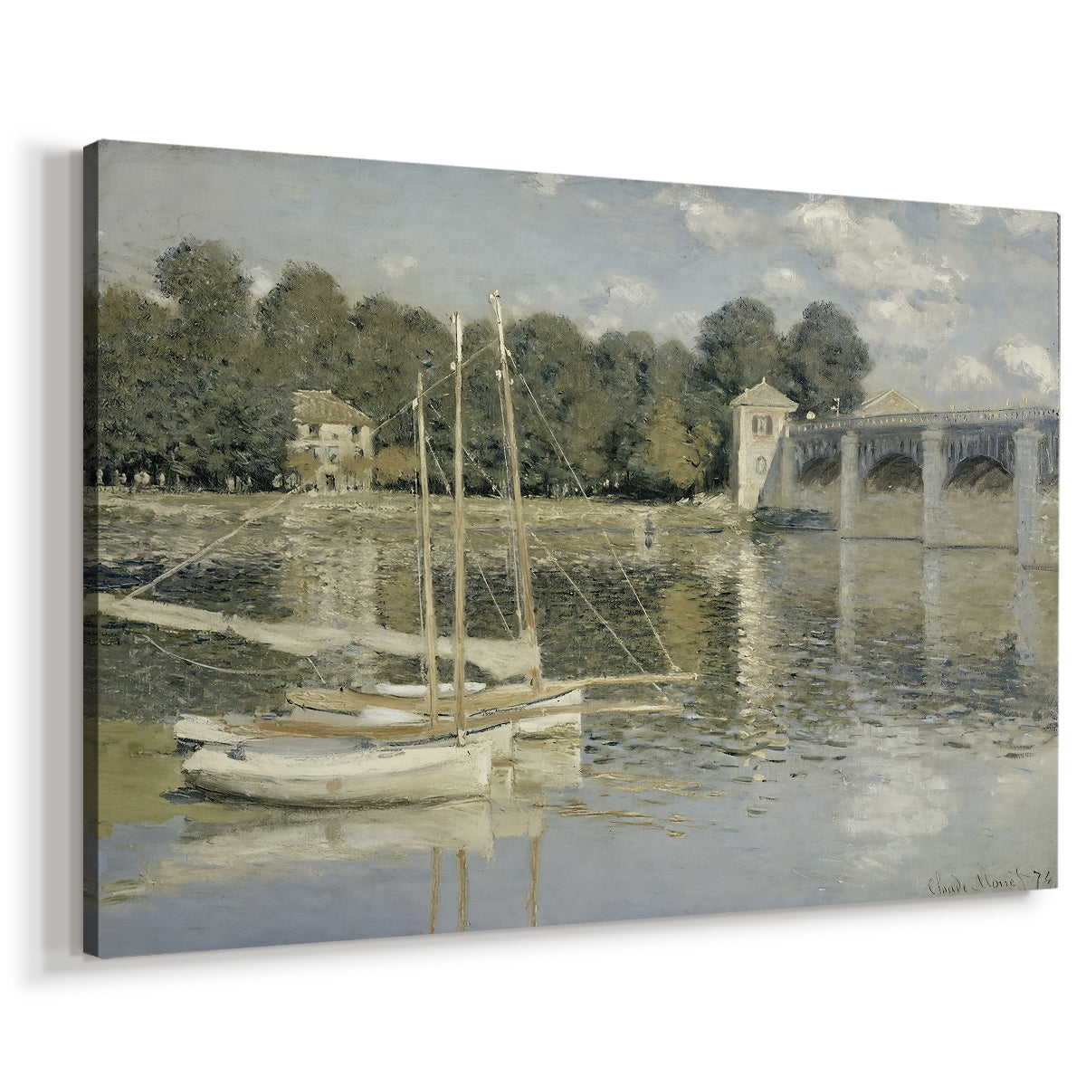 Canvas art print featuring an impressionist river scene with boats passing beneath bridge, displayed at an angle