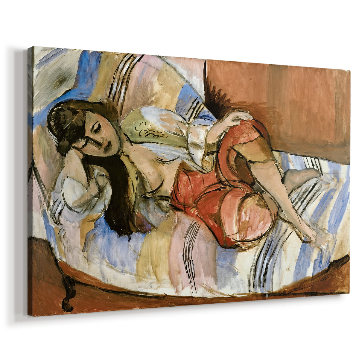 Canvas art print featuring a Fauvist odalisque posed on cushions in a richly colored room, displayed at an angle