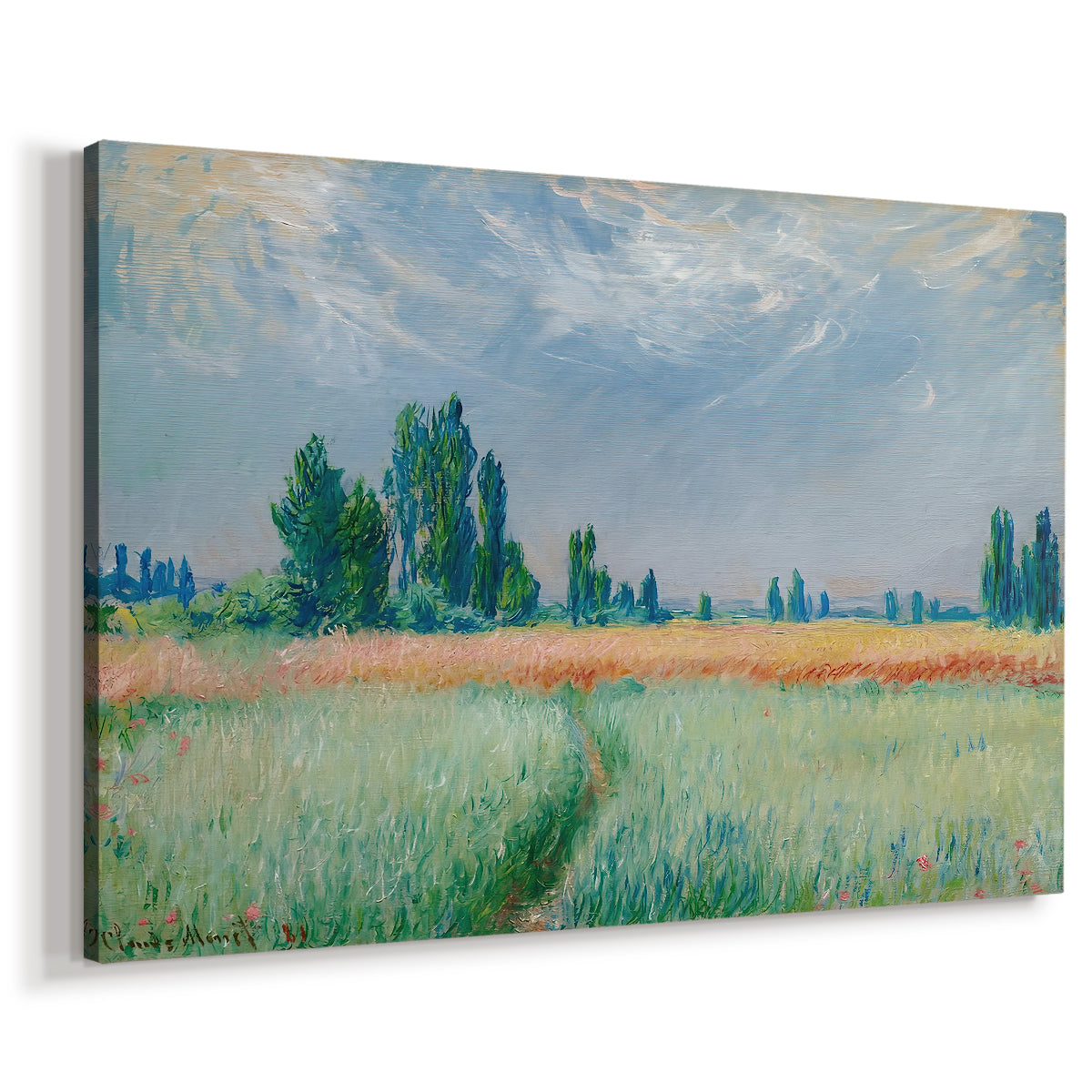 Canvas art print featuring an impressionist depiction of ripened grain field in countryside, displayed at an angle