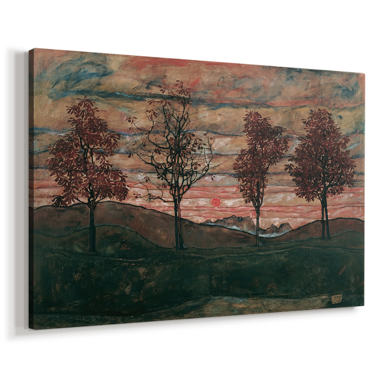 Canvas art print featuring a minimal landscape with grouped trees and expressive color, displayed at an angle