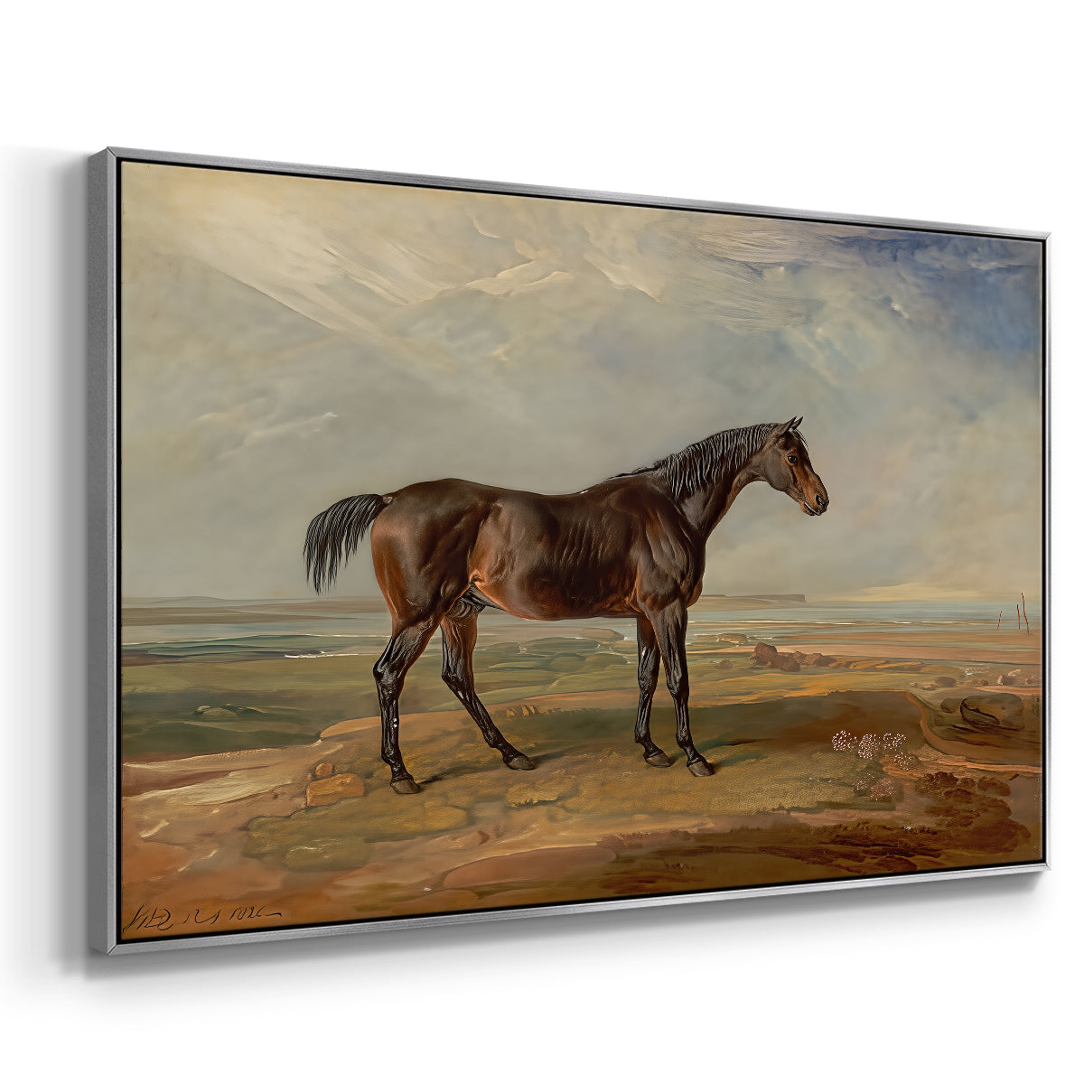 Dr. Syntax, a Bay Racehorse, Standing in a Coastal Landscape, an Estuary Beyond, c. 1820 - Floater Framed Canvas Print