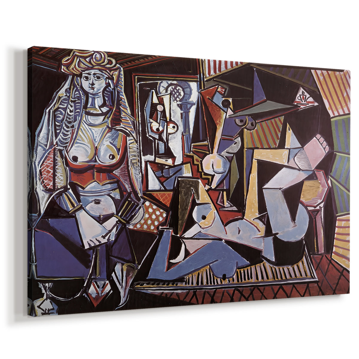 Canvas art print featuring a fragmented group portrait in patterned space, displayed at an angle