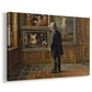 Canvas art print featuring an interior scene of person observing paintings in quiet room, displayed at an angle