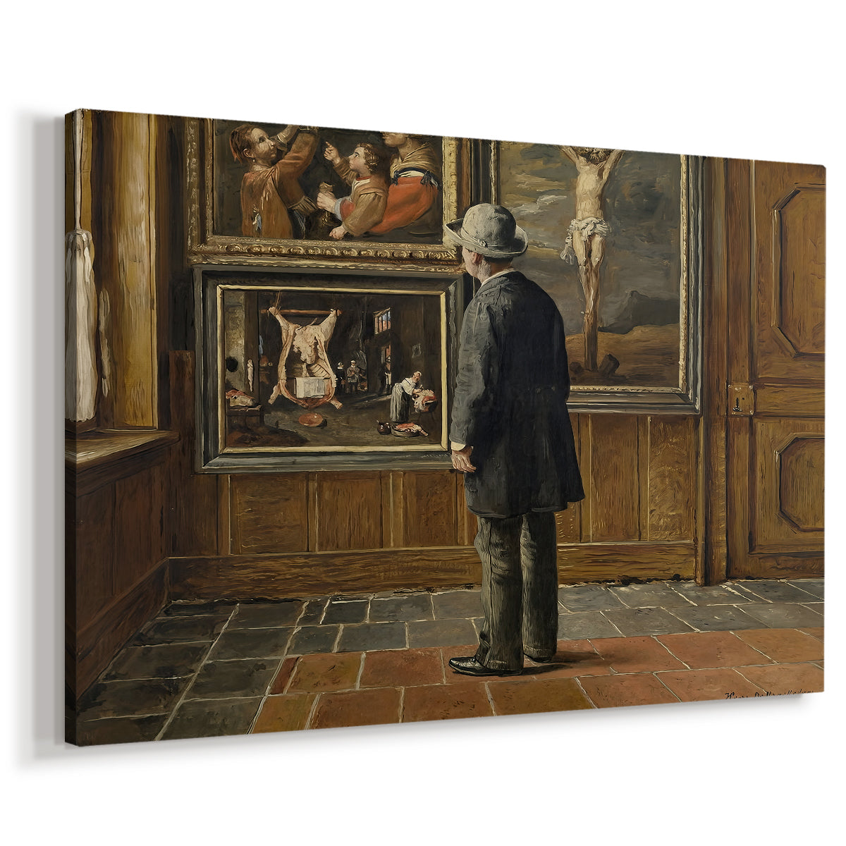 Canvas art print featuring an interior scene of person observing paintings in quiet room, displayed at an angle