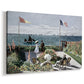 Canvas art print featuring an impressionist coastal garden with people and ocean view, displayed at an angle