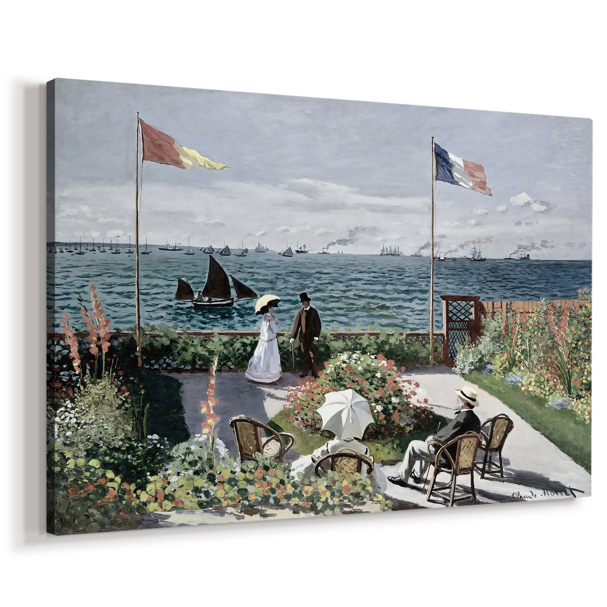 Canvas art print featuring an impressionist coastal garden with people and ocean view, displayed at an angle