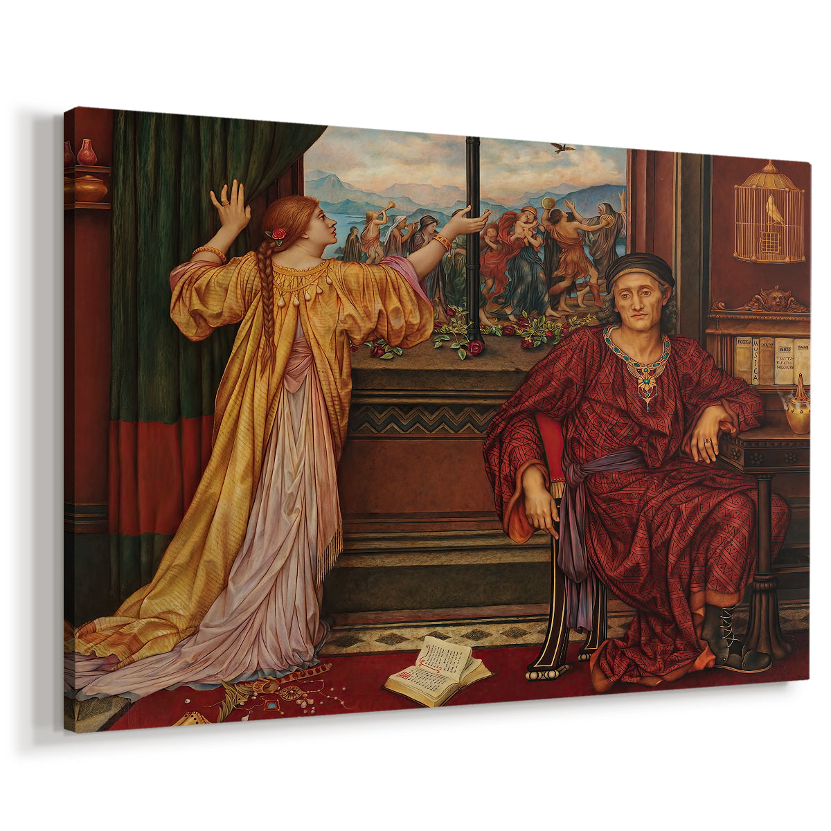 Canvas art print featuring a symbolic scene of figure enclosed within decorative surroundings, displayed at an angle