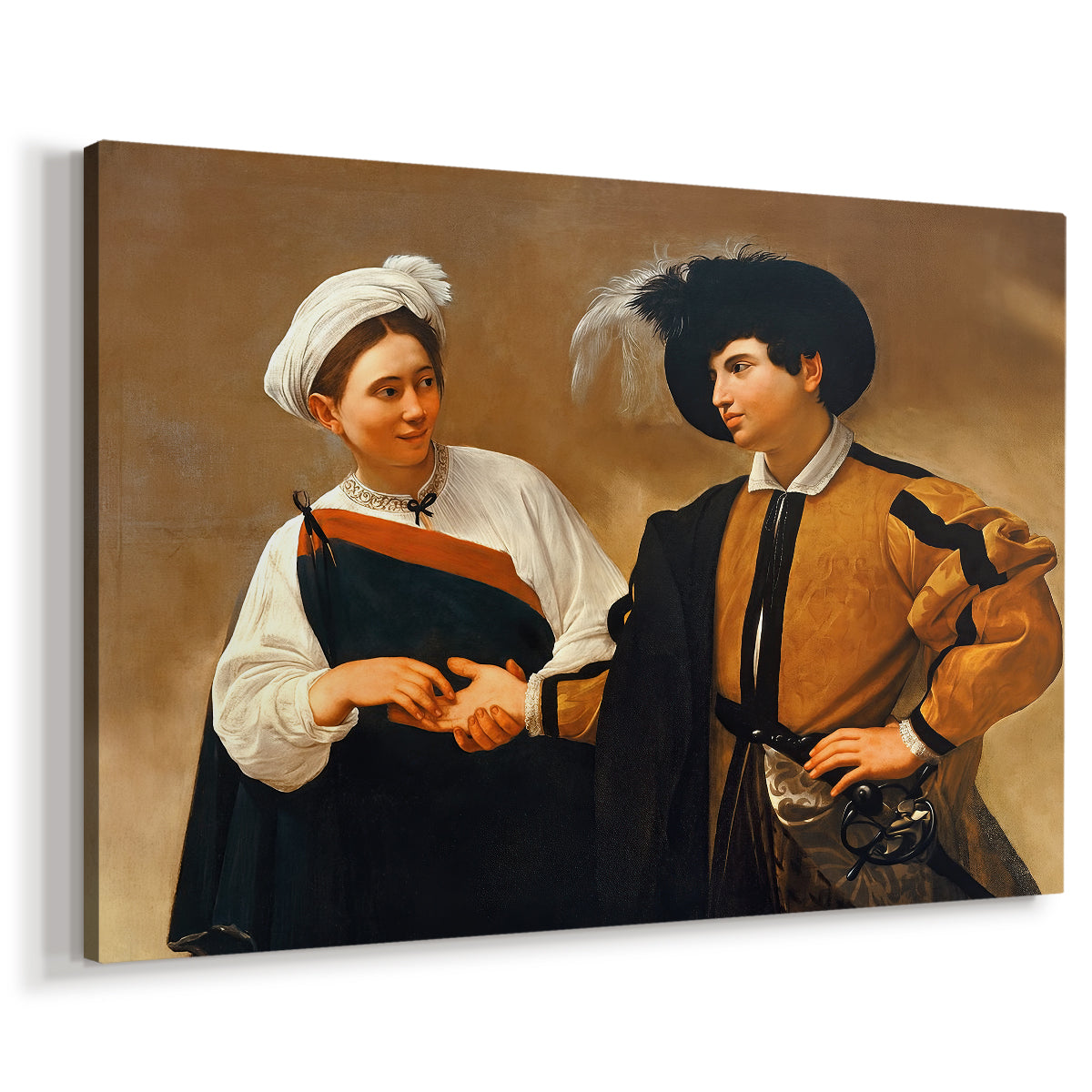 Canvas art print featuring a fortune teller tricking young man during palm reading, displayed at an angle