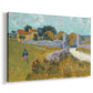 Canvas art print featuring a rural scene with building set within cultivated land, displayed at an angle