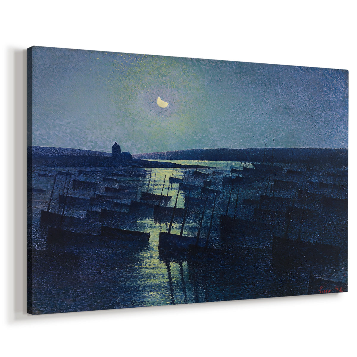 Canvas art print featuring a nocturnal coastal scene with boats, displayed at an angle