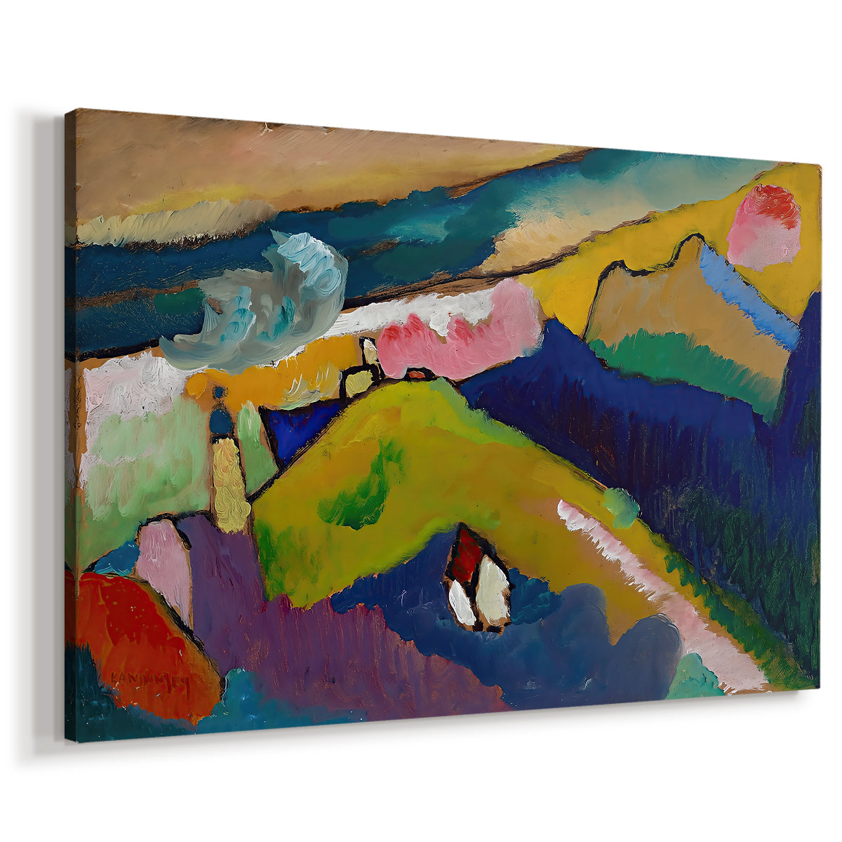 Canvas art print featuring a semi-abstract landscape with architectural focal point and vibrant palette, displayed at an angle