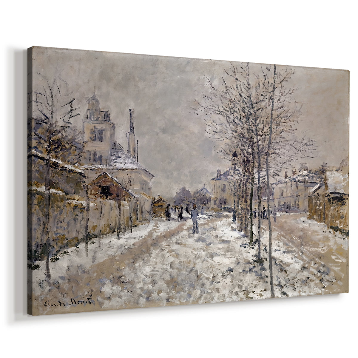 Canvas art print featuring an impressionist winter scene with road and bare trees, displayed at an angle