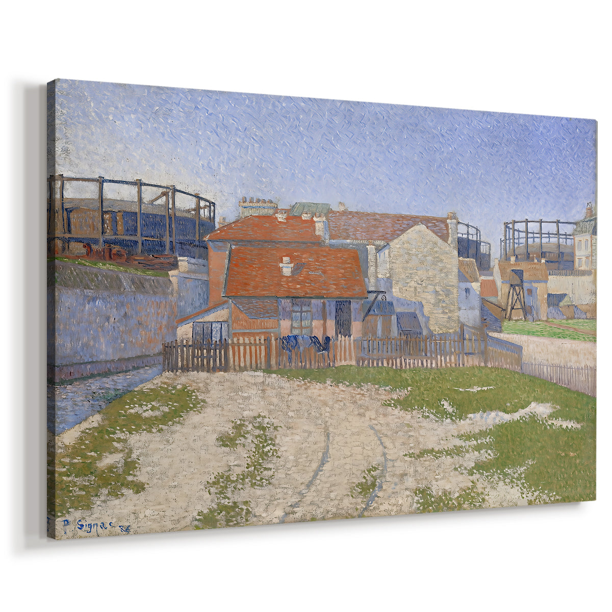 Canvas art print featuring an architectural scene with tanks, displayed at an angle