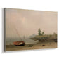 Canvas art print featuring a coastal scene with grounded vessel near water, displayed at an angle