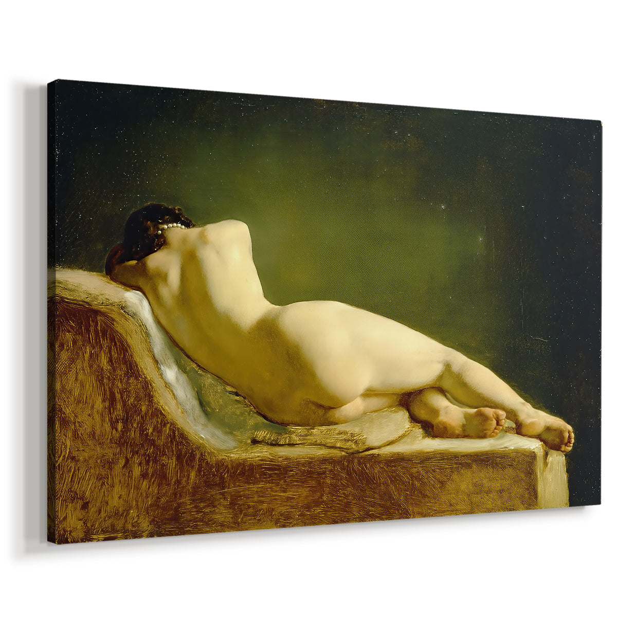 Canvas art print featuring a figure study of reclining body with soft lighting, displayed at an angle