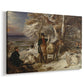 Canvas art print featuring a rural hunting scene with figures and animals at rest, displayed at an angle
