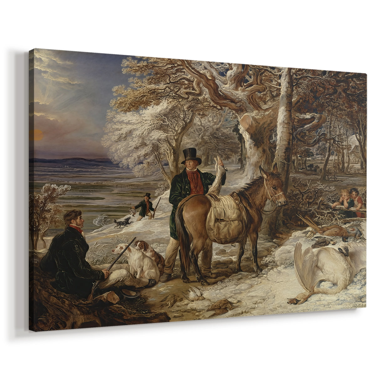Canvas art print featuring a rural hunting scene with figures and animals at rest, displayed at an angle