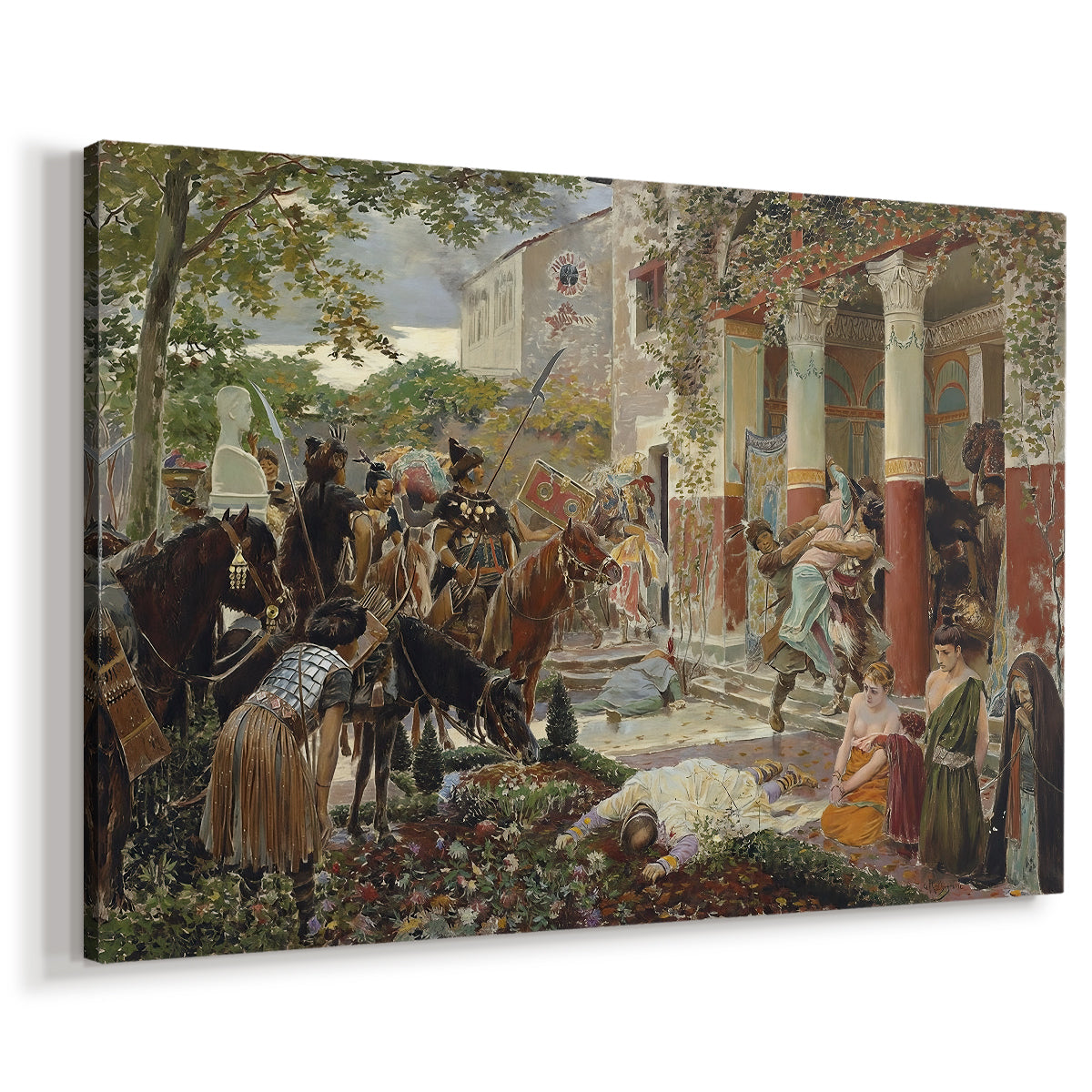 Canvas art print featuring a dramatic depiction of invasion with figures on horseback in motion, displayed at an angle