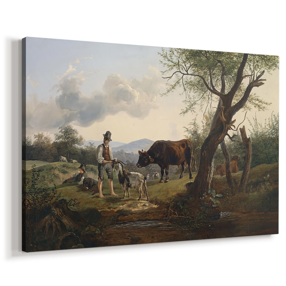 Canvas art print featuring a rural scene with figure and animal, displayed at an angle