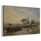 Canvas art print featuring a riverside scene with boat and calm water, displayed at an angle
