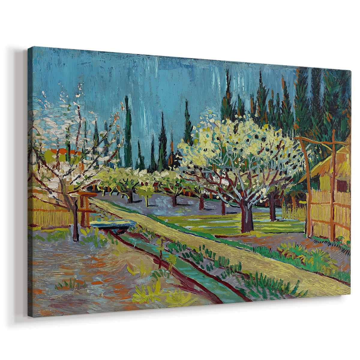Canvas art print featuring a spring landscape with blossoms arranged in linear rows, displayed at an angle
