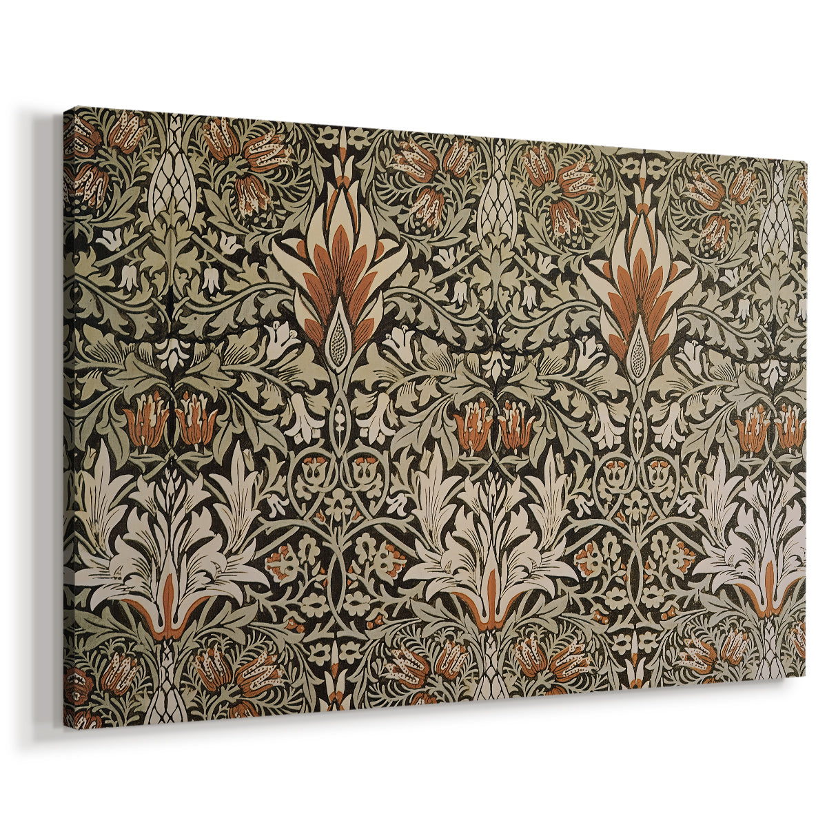 Canvas art print featuring a decorative textile with stylized flowers arranged in vertical rhythm, displayed at an angle