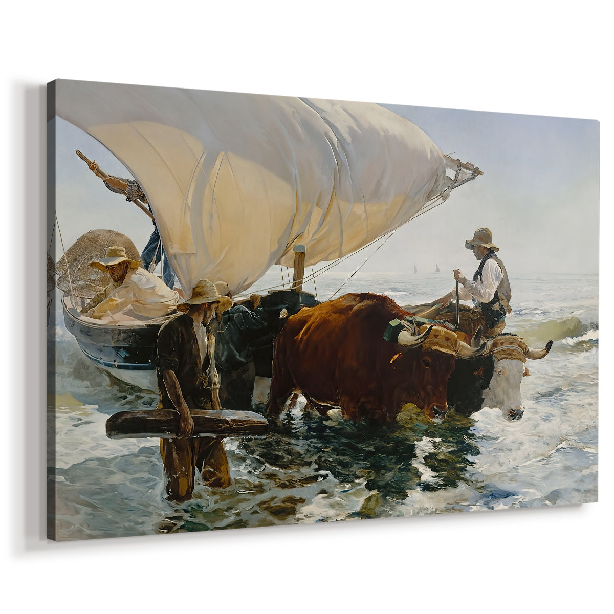 Canvas art print featuring a coastal labor scene with figures hauling vessel, displayed at an angle
