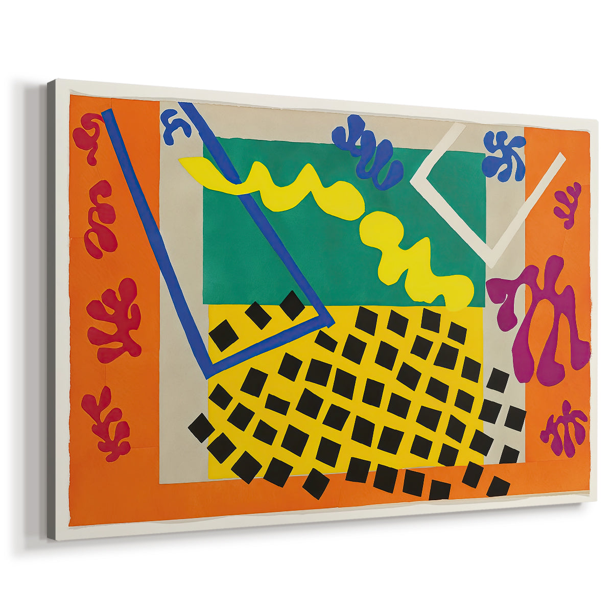 Canvas art print featuring a modernist collage with layered curved forms and rhythmic pattern, displayed at an angle