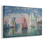 Canvas art print featuring a coastal entryway scene with boats navigating port, displayed at an angle
