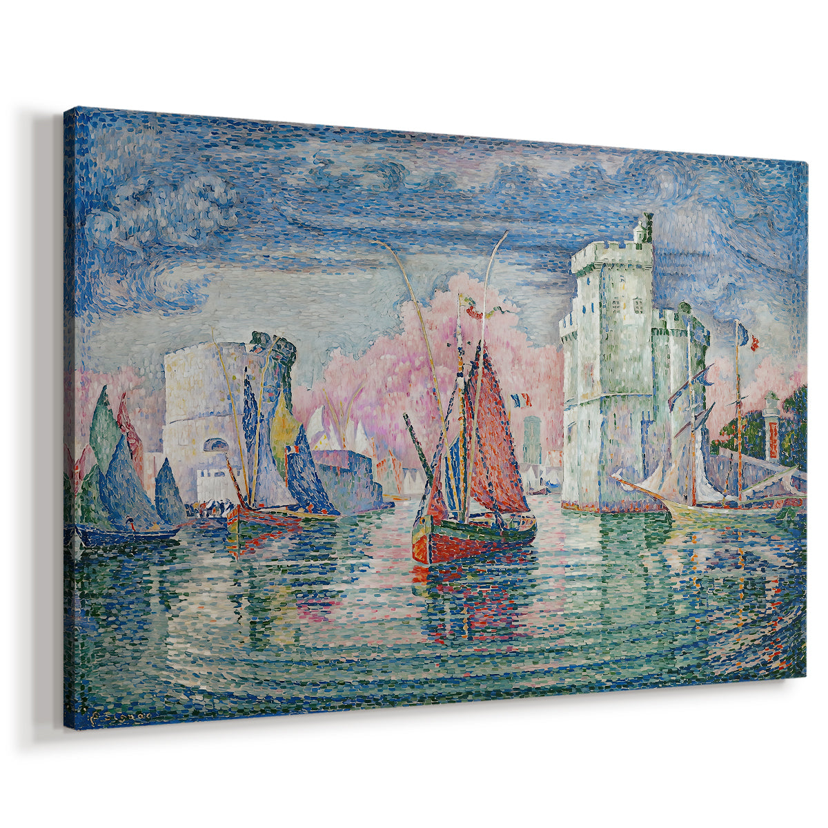 Canvas art print featuring a coastal entryway scene with boats navigating port, displayed at an angle