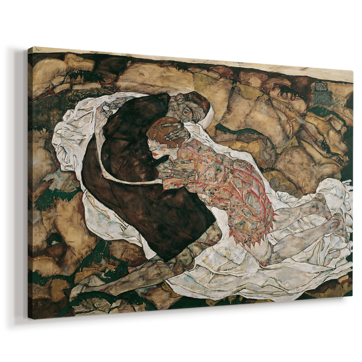 Canvas art print featuring a symbolic scene of mortality with two figures clinging together, displayed at an angle